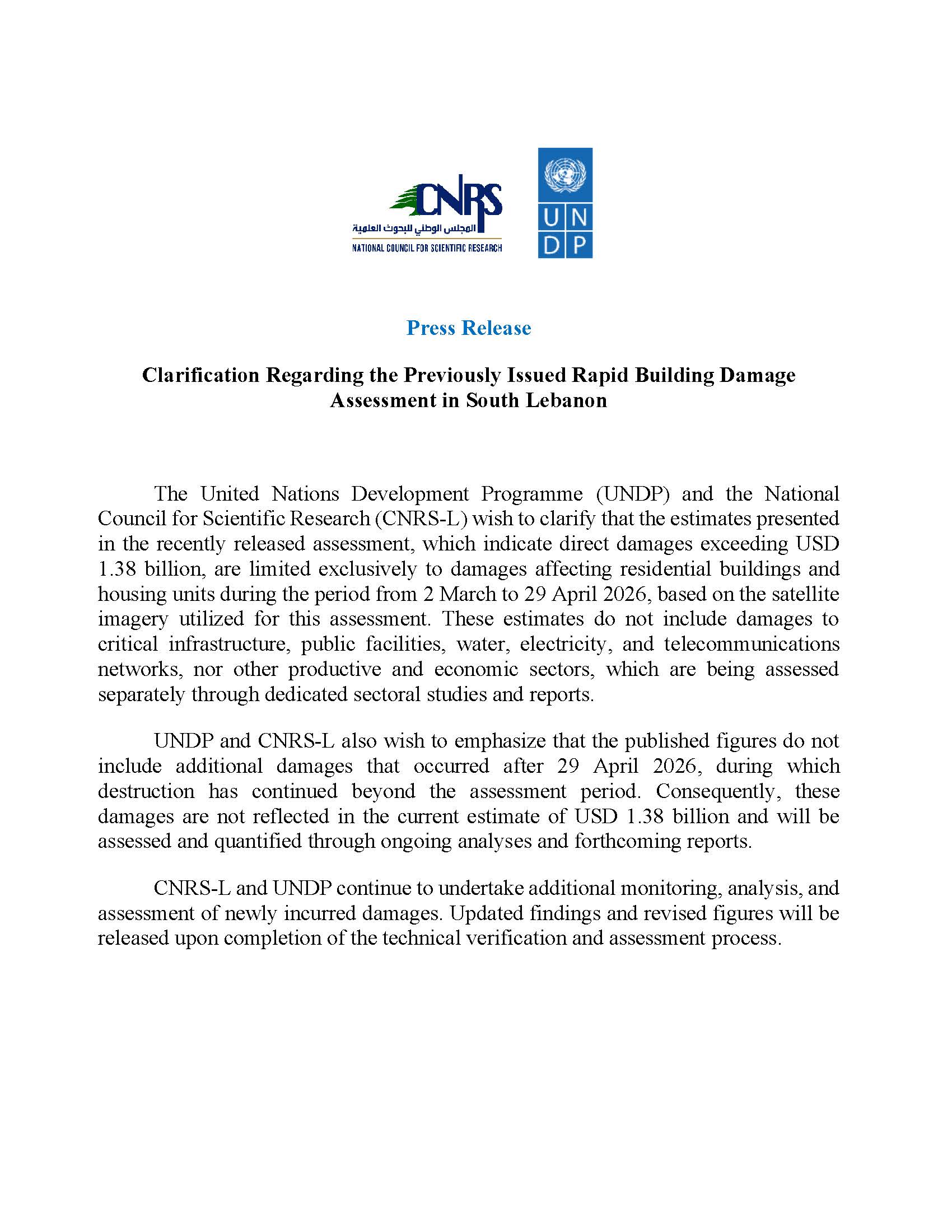 Clarification Regarding the Previously Issued Rapid Building Damage Assessment in South Lebanon